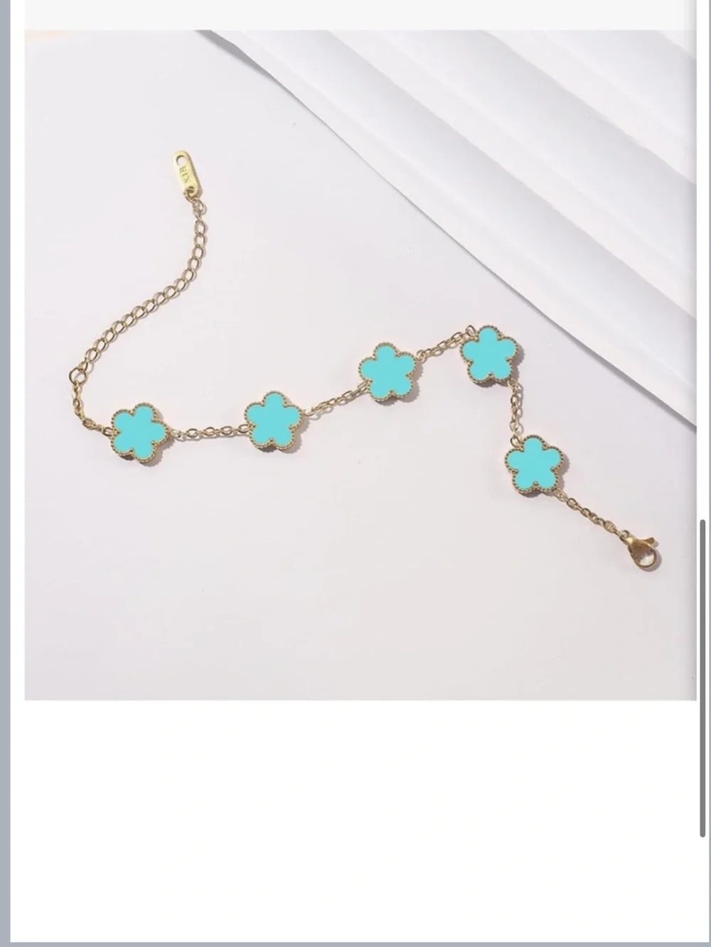 18K Gold Blue Clover Charm Bracelet Van Cleef Style Dainty Alhambra Chain Luxury